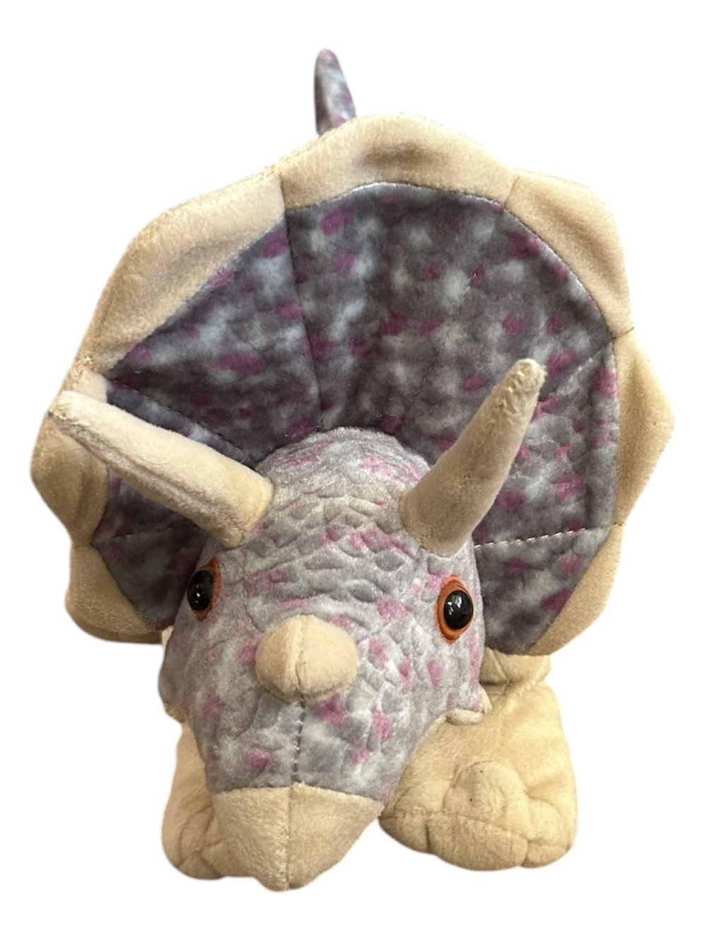 Plush Triceratops Stuffed Animal - Beige and Gray with Pink Accents